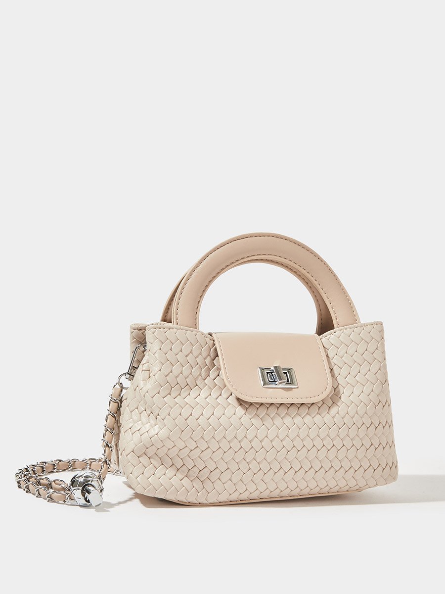 Beige Woven Mini Handbag with Chain Strap