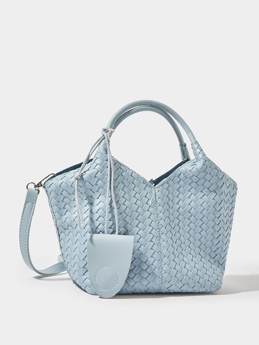 Sky Blue Woven Shoulder Bag with Detachable Pouch and Strap