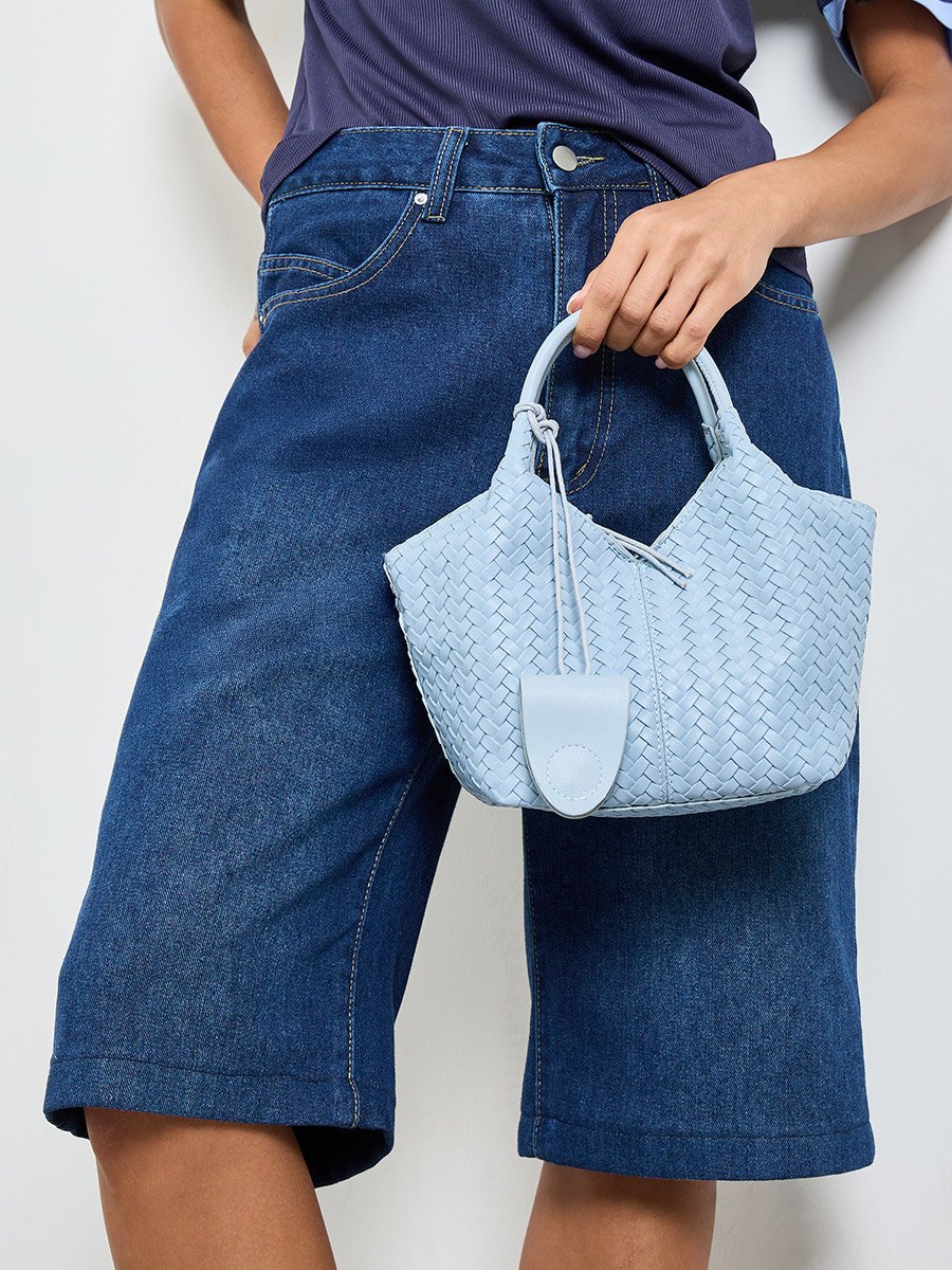 Sky Blue Woven Shoulder Bag with Detachable Pouch and Strap