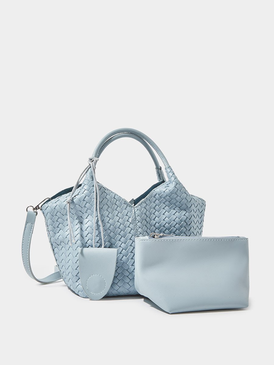 Sky Blue Woven Shoulder Bag with Detachable Pouch and Strap