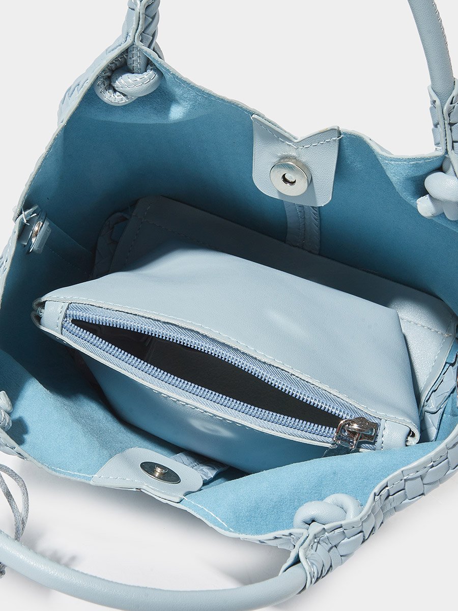 Sky Blue Woven Shoulder Bag with Detachable Pouch and Strap