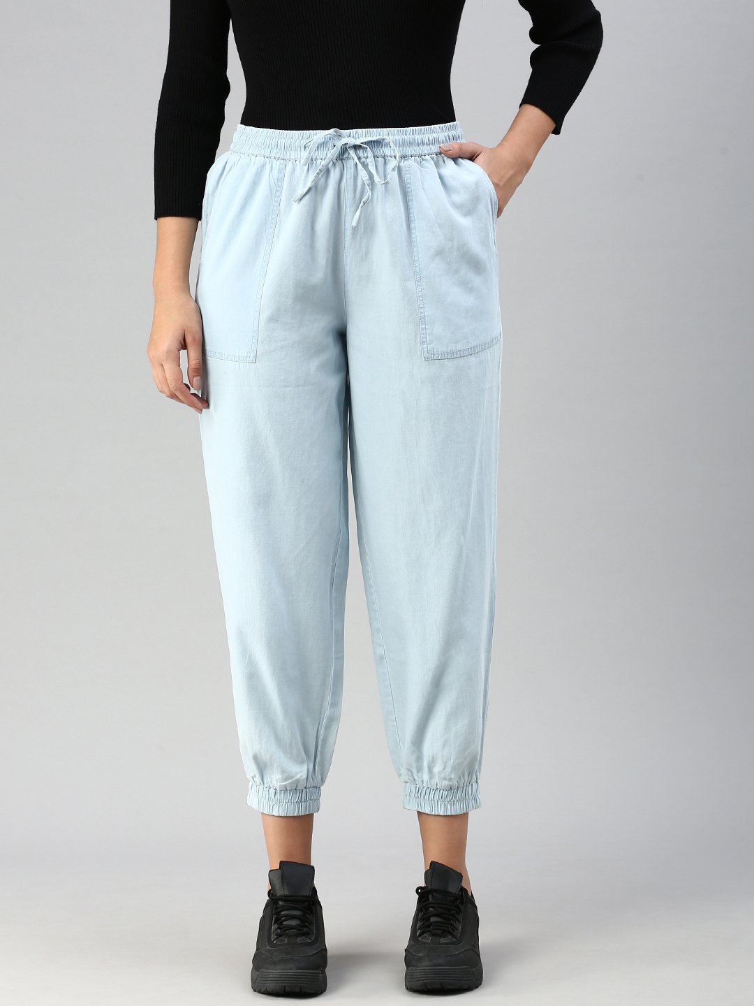 Light Blue Woven Cotton Denim Joggers