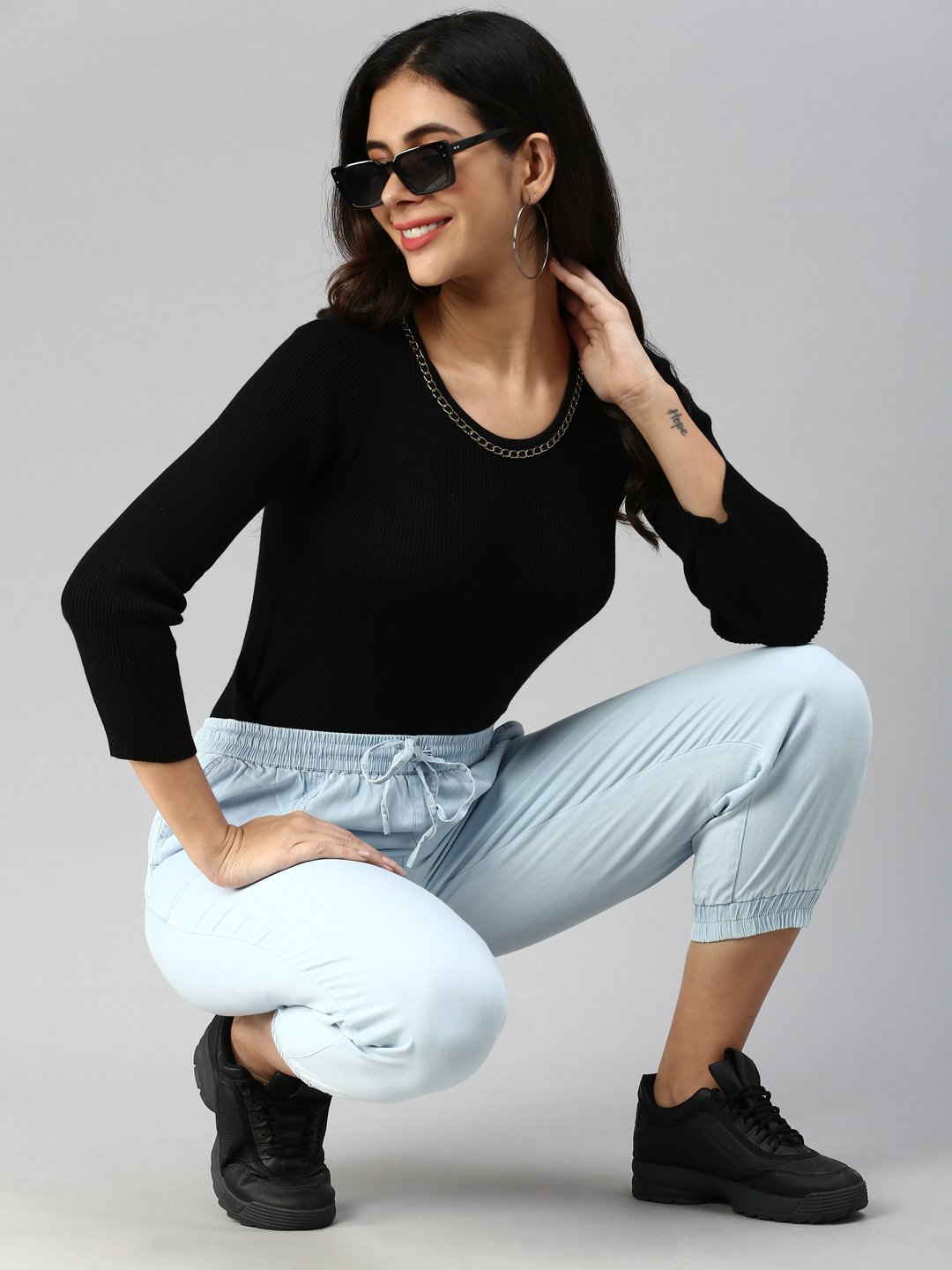Light Blue Woven Cotton Denim Joggers