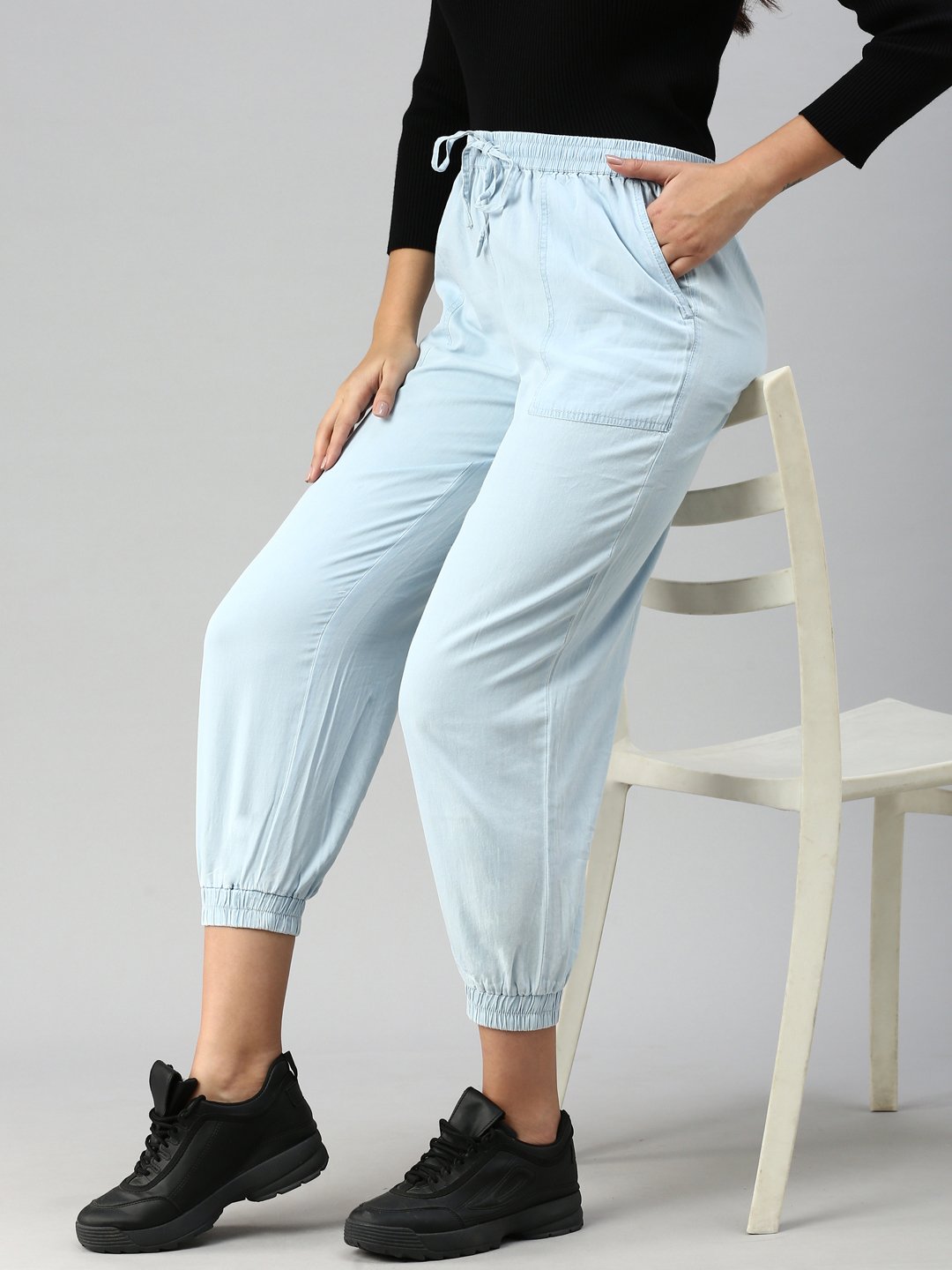 Light Blue Woven Cotton Denim Joggers