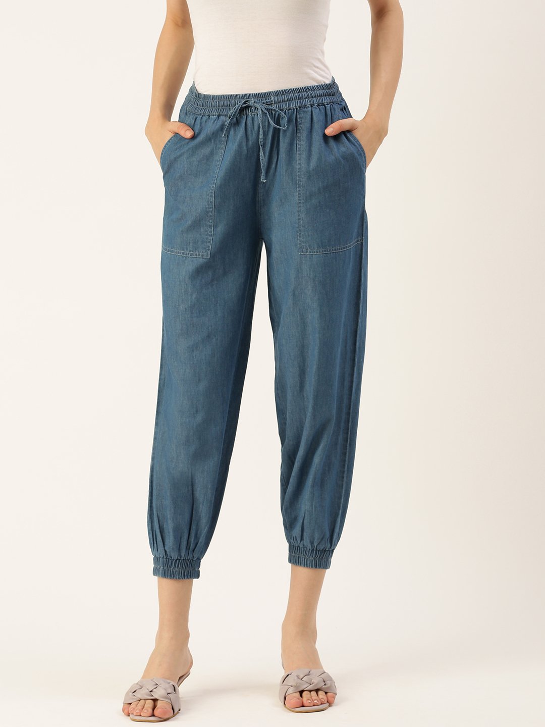 Blue Woven Cotton Denim Joggers