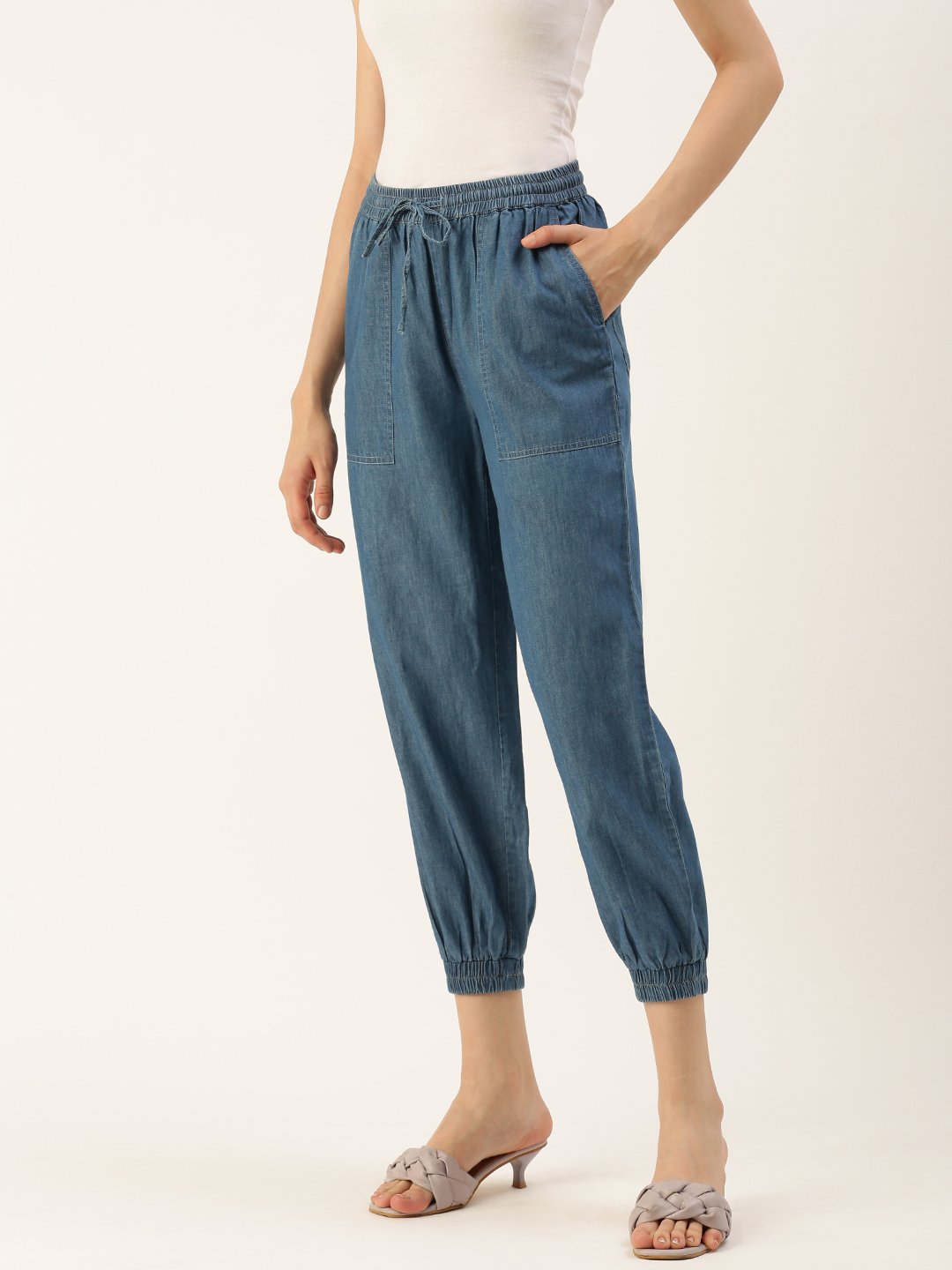 Blue Woven Cotton Denim Joggers