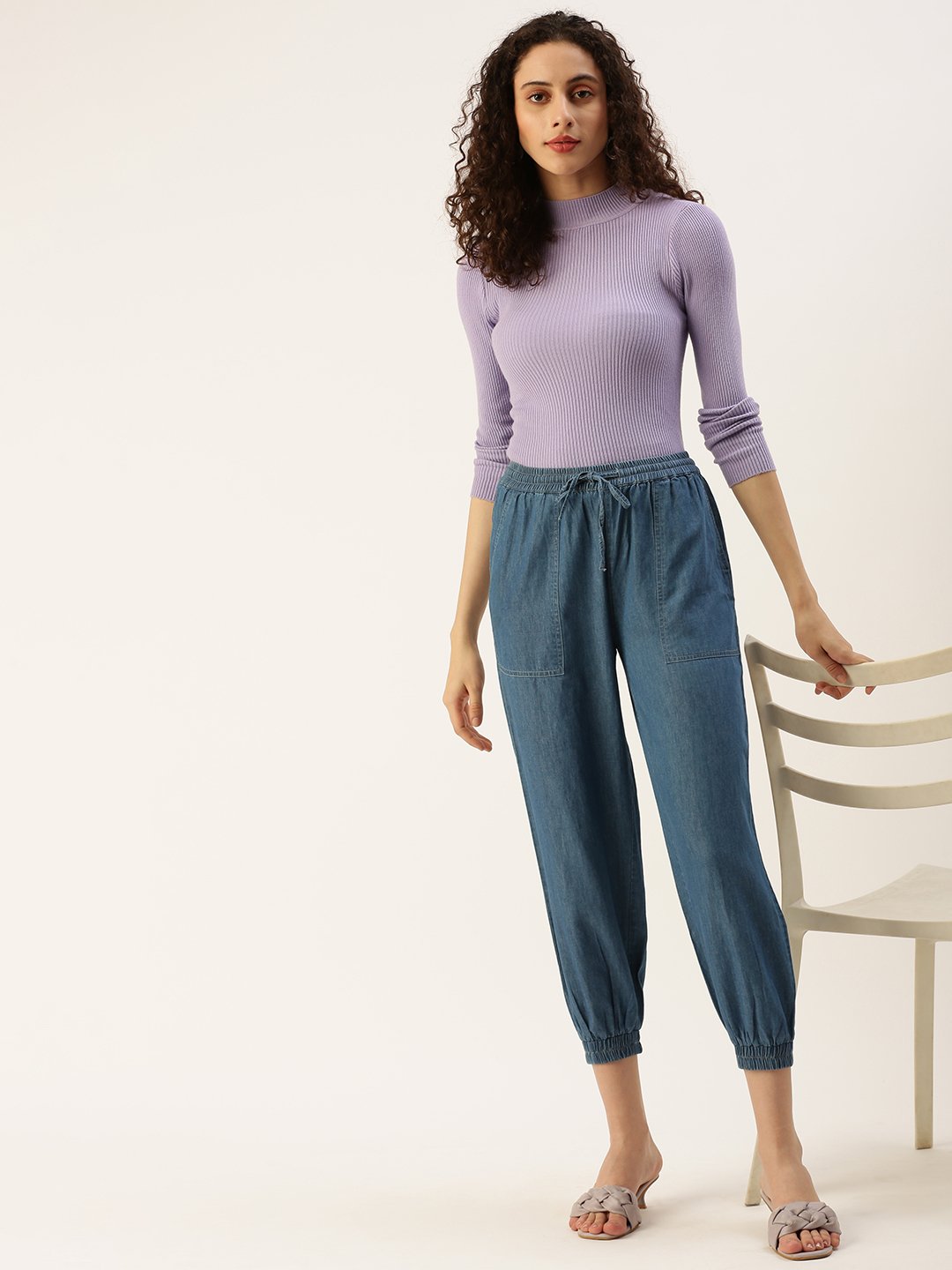 Blue Woven Cotton Denim Joggers