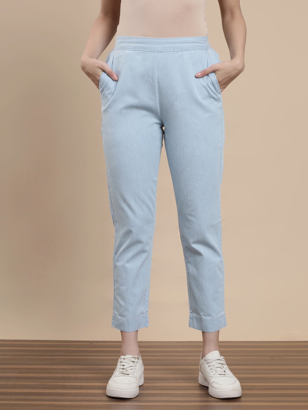 Light Blue Woven Cotton Solid Pants