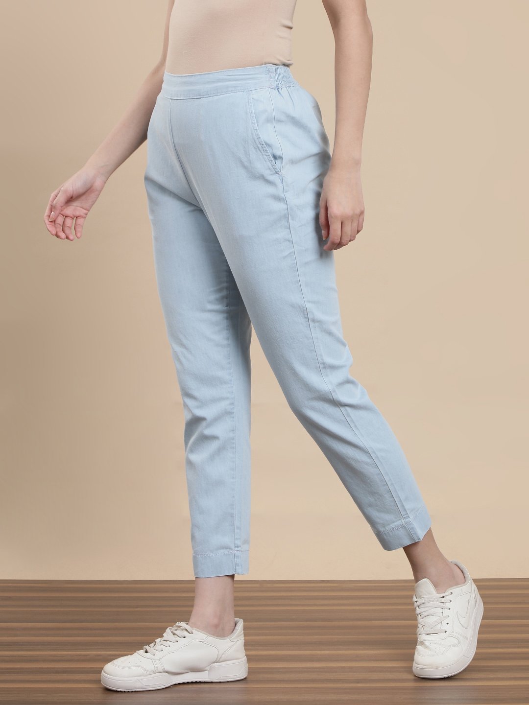 Light Blue Woven Cotton Solid Pants