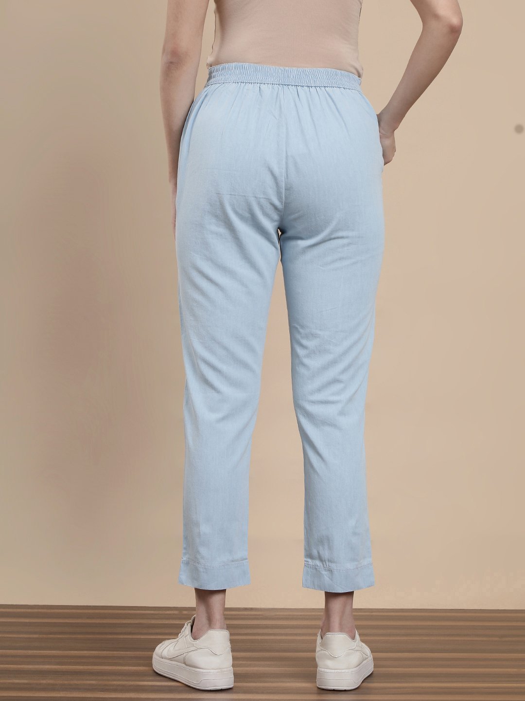 Light Blue Woven Cotton Solid Pants