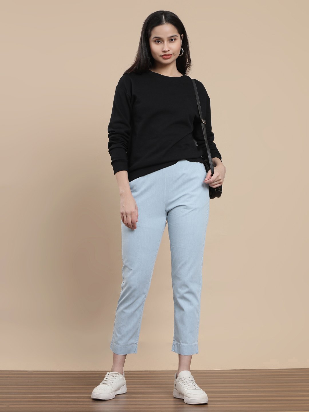 Light Blue Woven Cotton Solid Pants