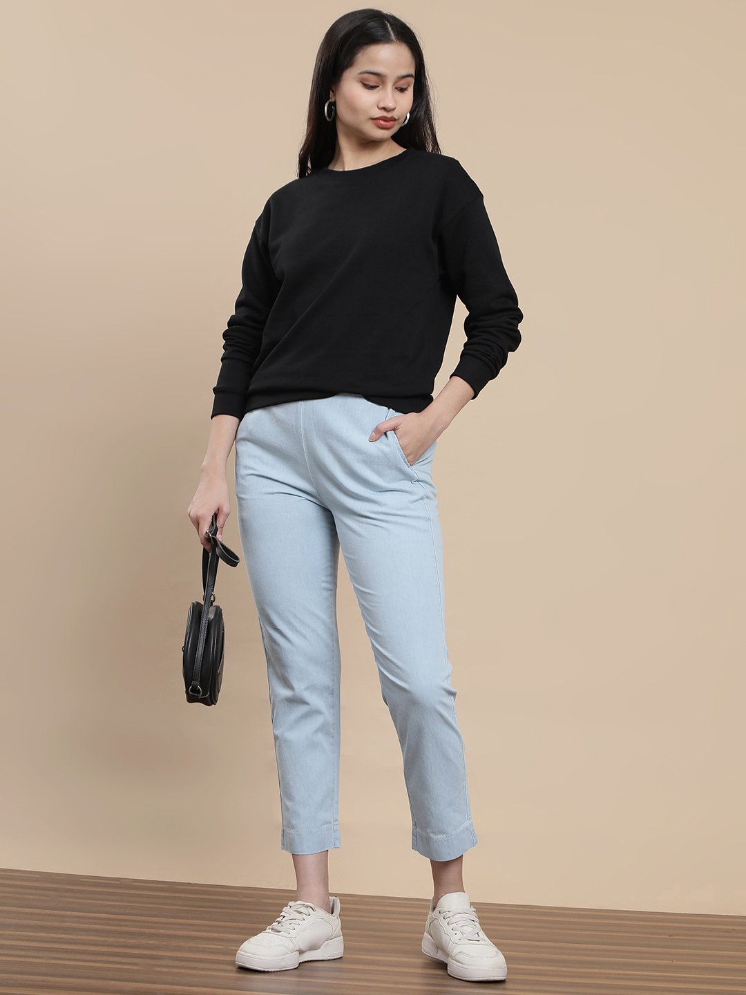 Light Blue Woven Cotton Solid Pants