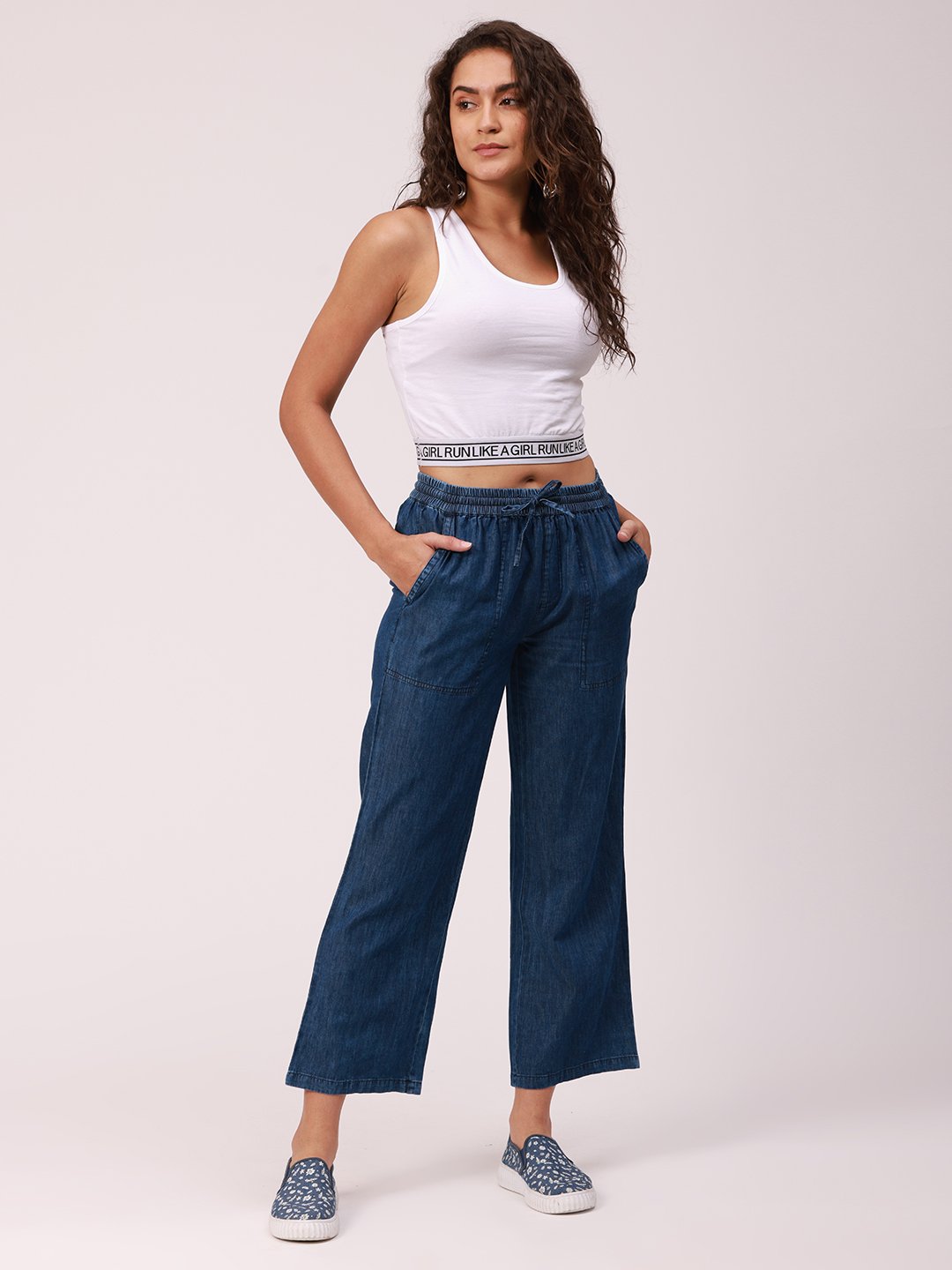 Dark Blue Woven Cotton Denim Culottes