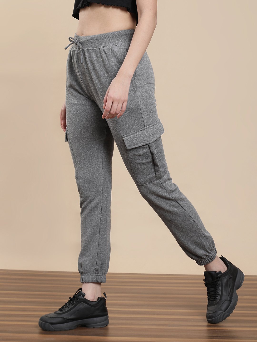 Grey Cotton Knit Cargo Joggers