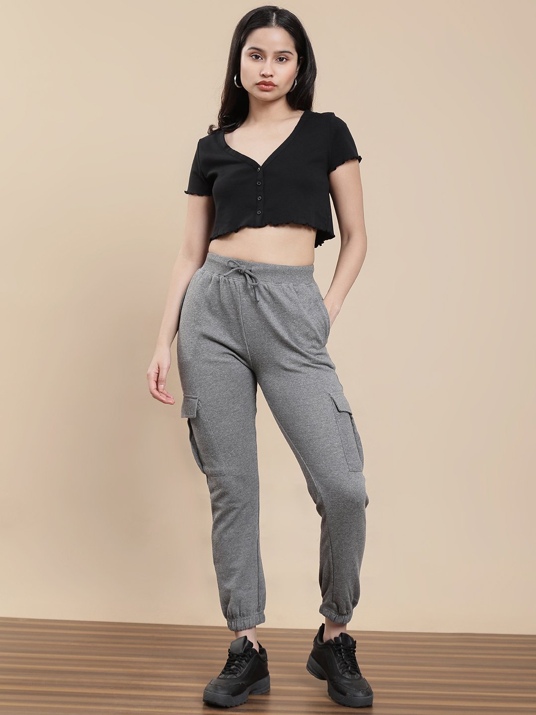 Grey Cotton Knit Cargo Joggers