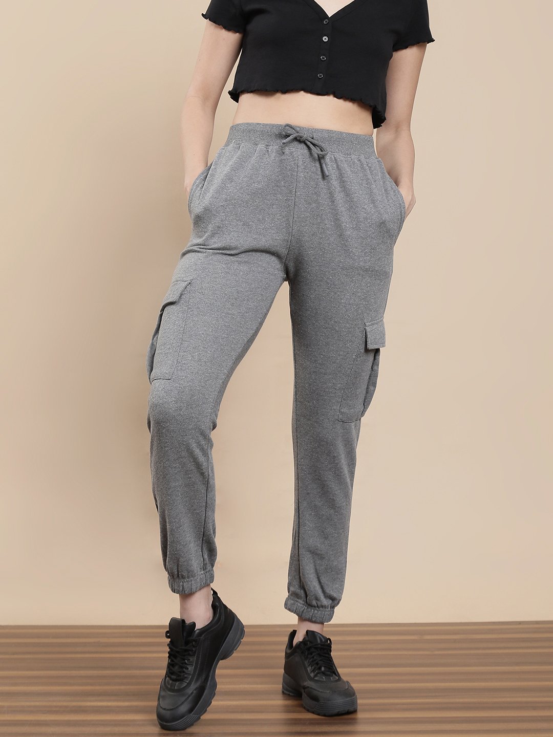 Grey Cotton Knit Cargo Joggers