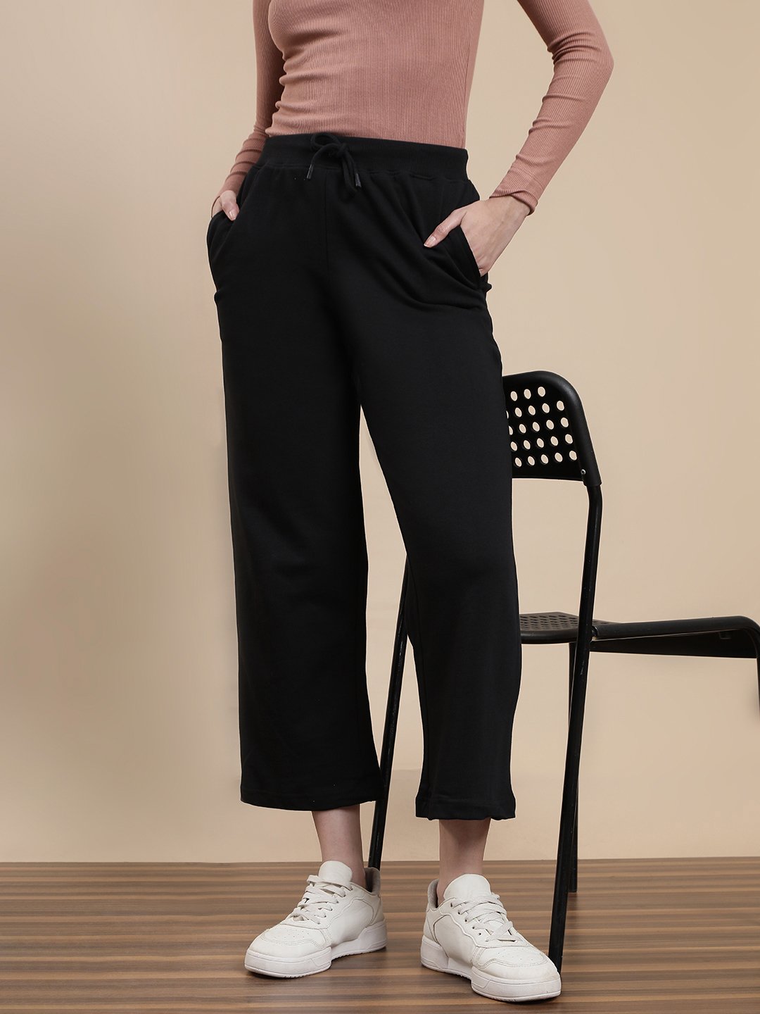 Black Cotton Terry Straight Pants