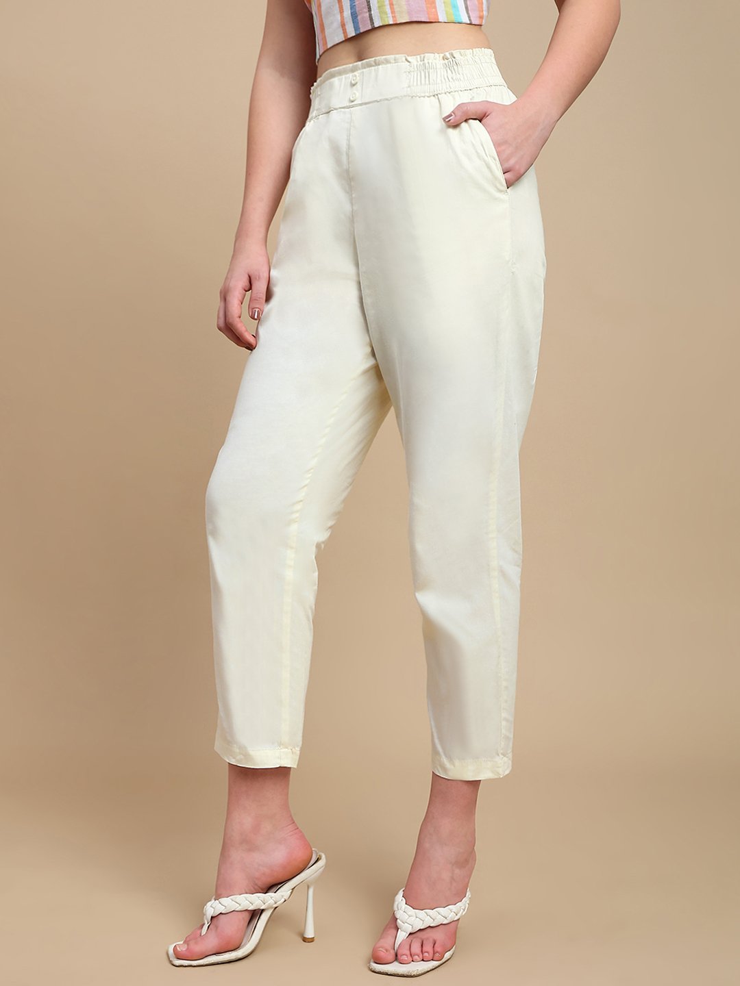 Cream Solid Elastic Waistband Cotton Pants