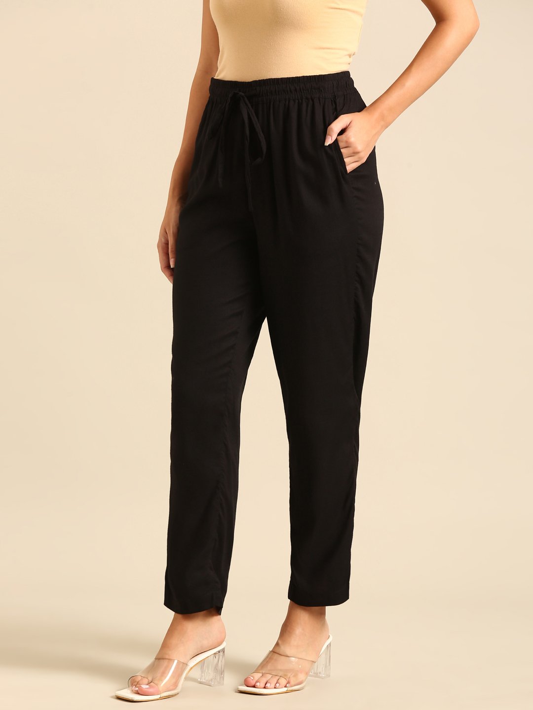 Black Solid Viscose Pants
