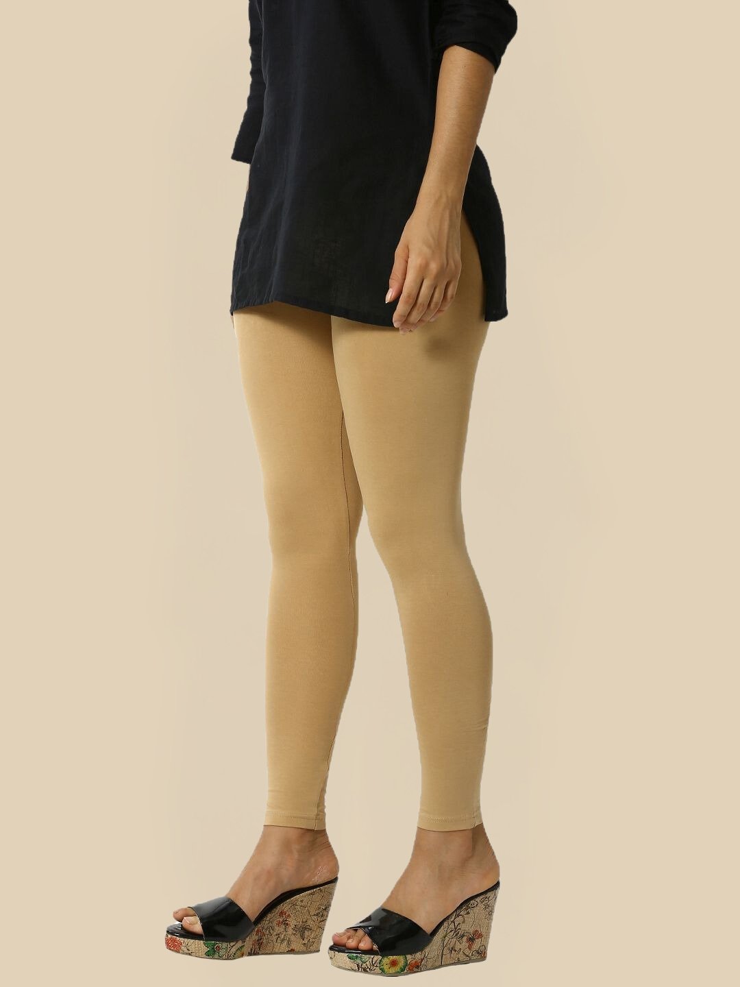 Beige Knitted Cotton Blend Leggings