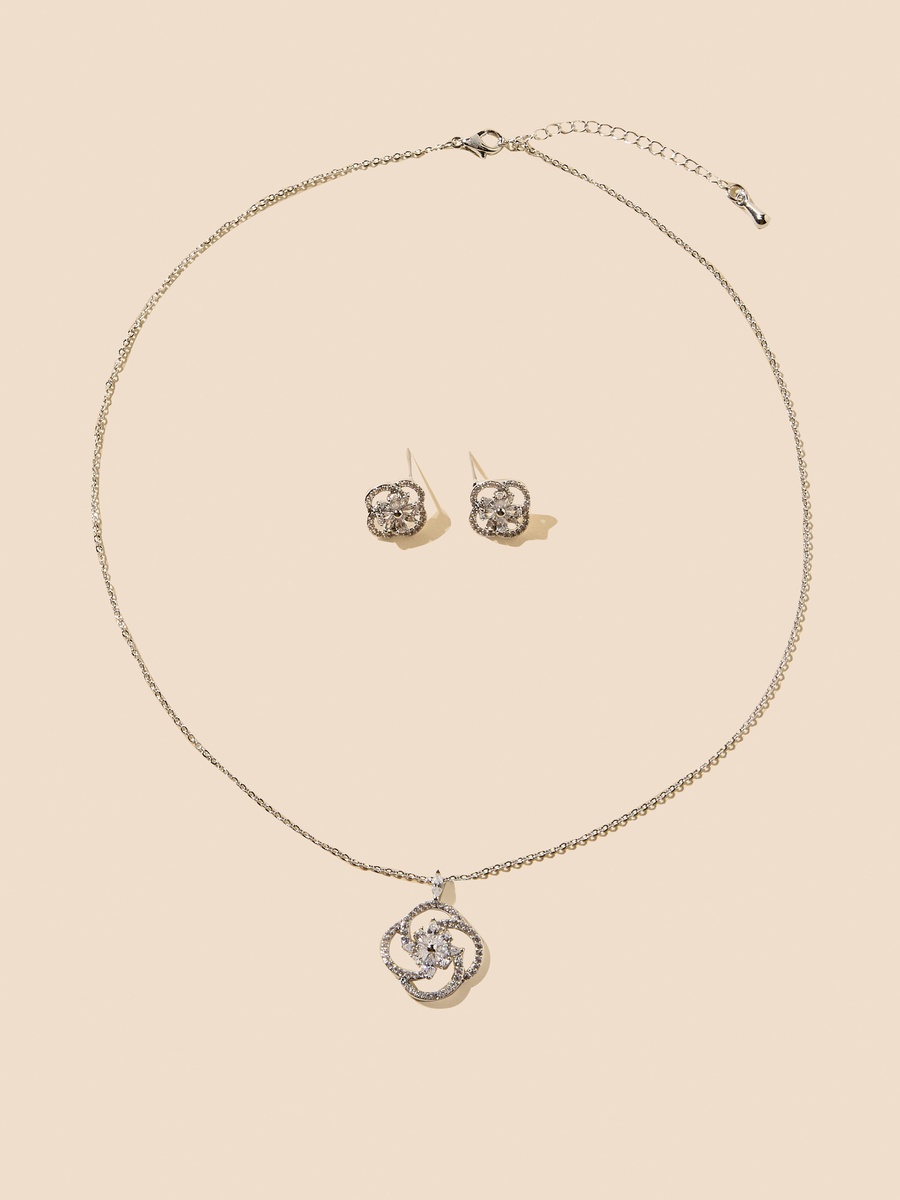 Embellished Floral Pendant Necklace and Earrings Set