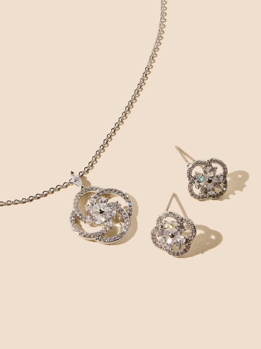 Embellished Floral Pendant Necklace and Earrings Set