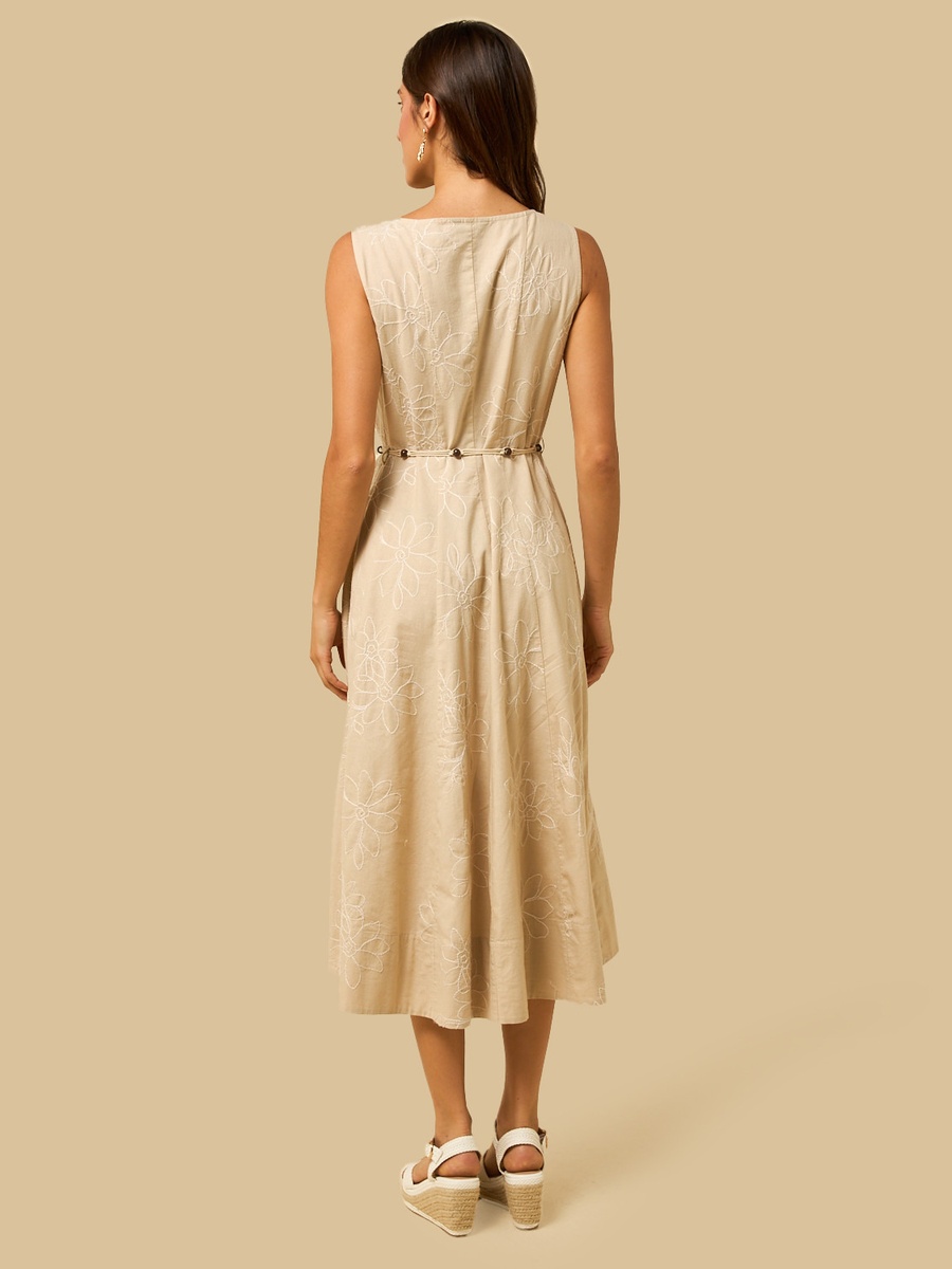 Panel Embroidered Sleeveless Dress with Waist Tie-Up