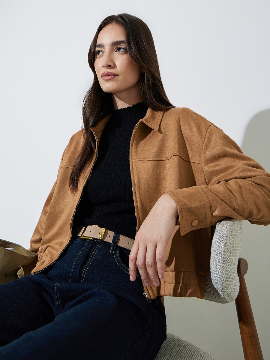 Khaki Solid Pocket Detail Casual Workwear Jacket