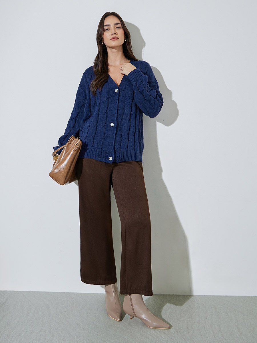 Navy Bule Solid Cable Knit Cardigan