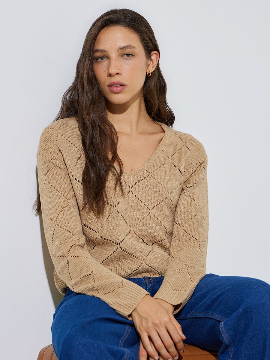 Khaki Pointelle Diamond Pattern Knit Top