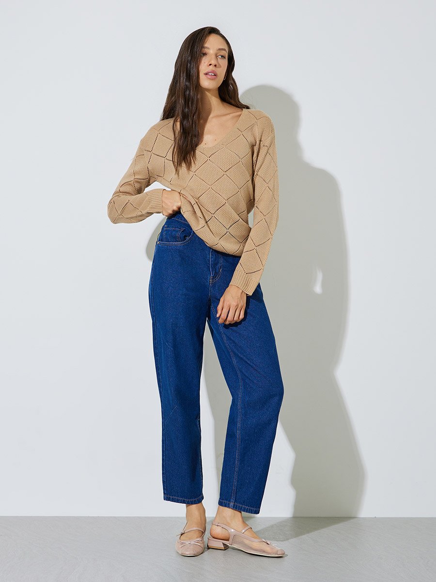 Khaki Pointelle Diamond Pattern Knit Top