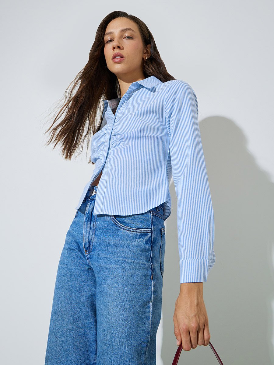 Blue Striped Log Sleeves Shirt
