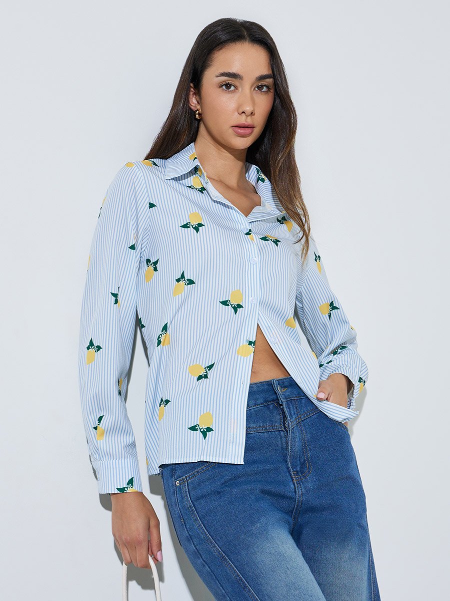 Blue Striped Lemon Print Casual Shirt