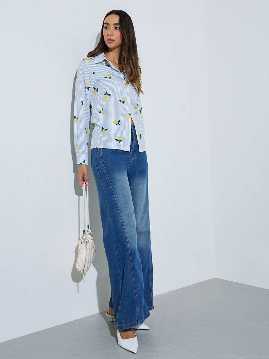 Blue Striped Lemon Print Casual Shirt