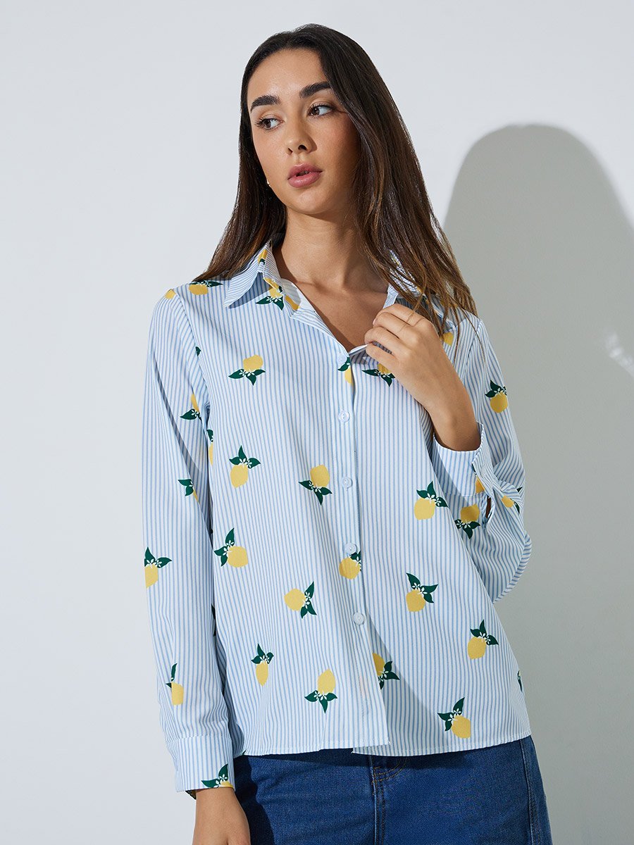 Blue Striped Lemon Print Casual Shirt