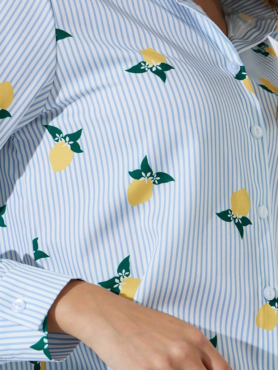 Blue Striped Lemon Print Casual Shirt