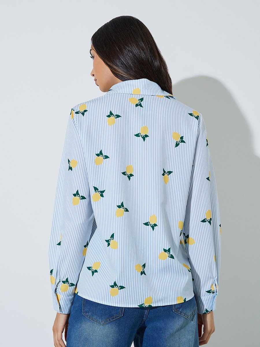 Blue Striped Lemon Print Casual Shirt