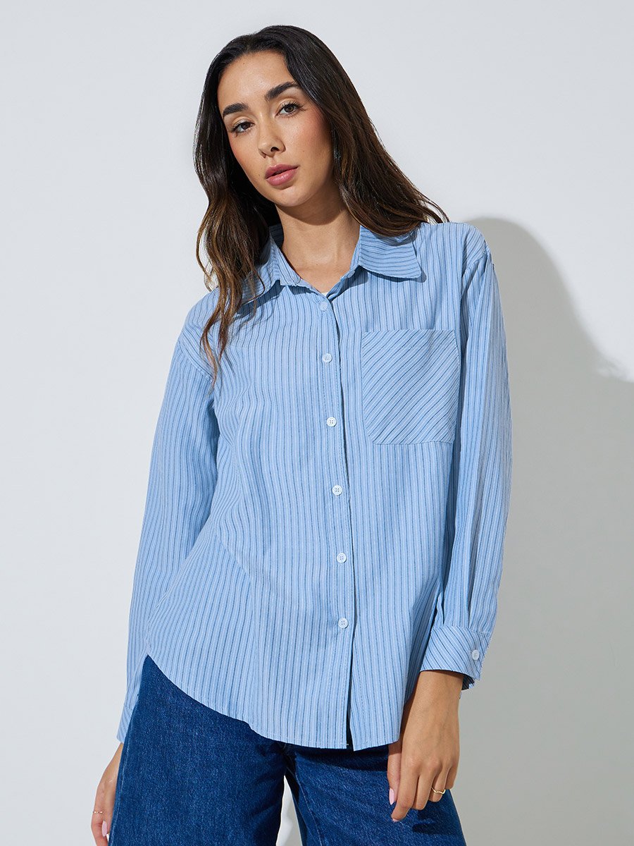 Blue Striped Longline Casual Shirt