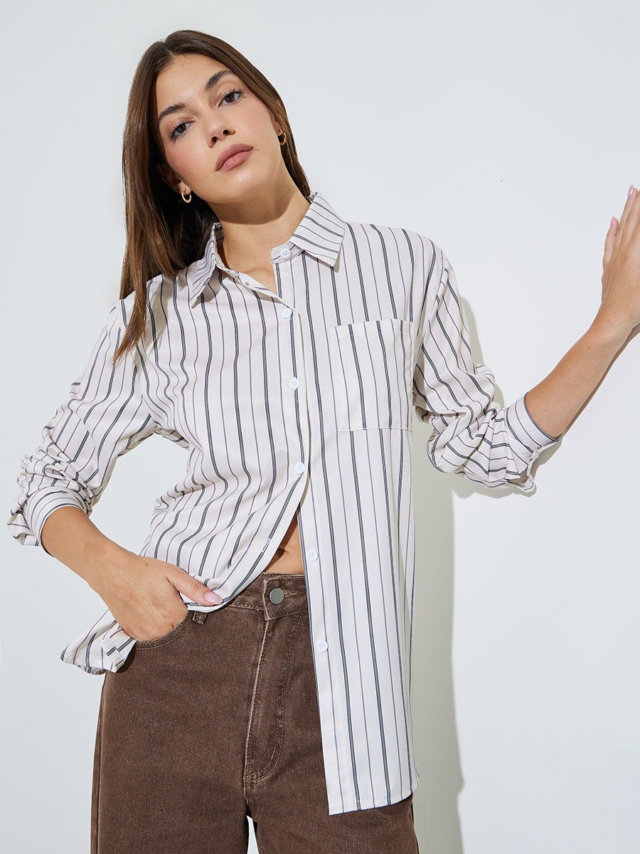 Off White Longline Striped Shirt