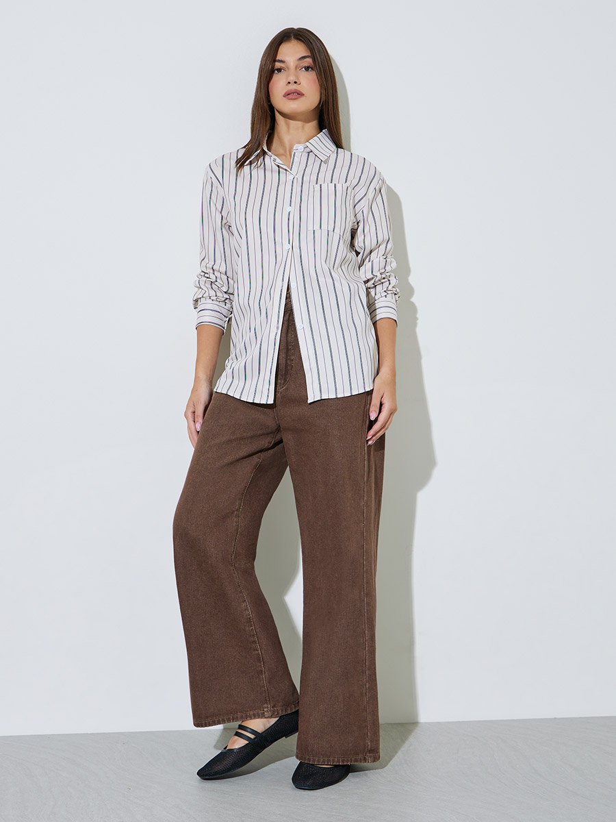 Off White Longline Striped Shirt
