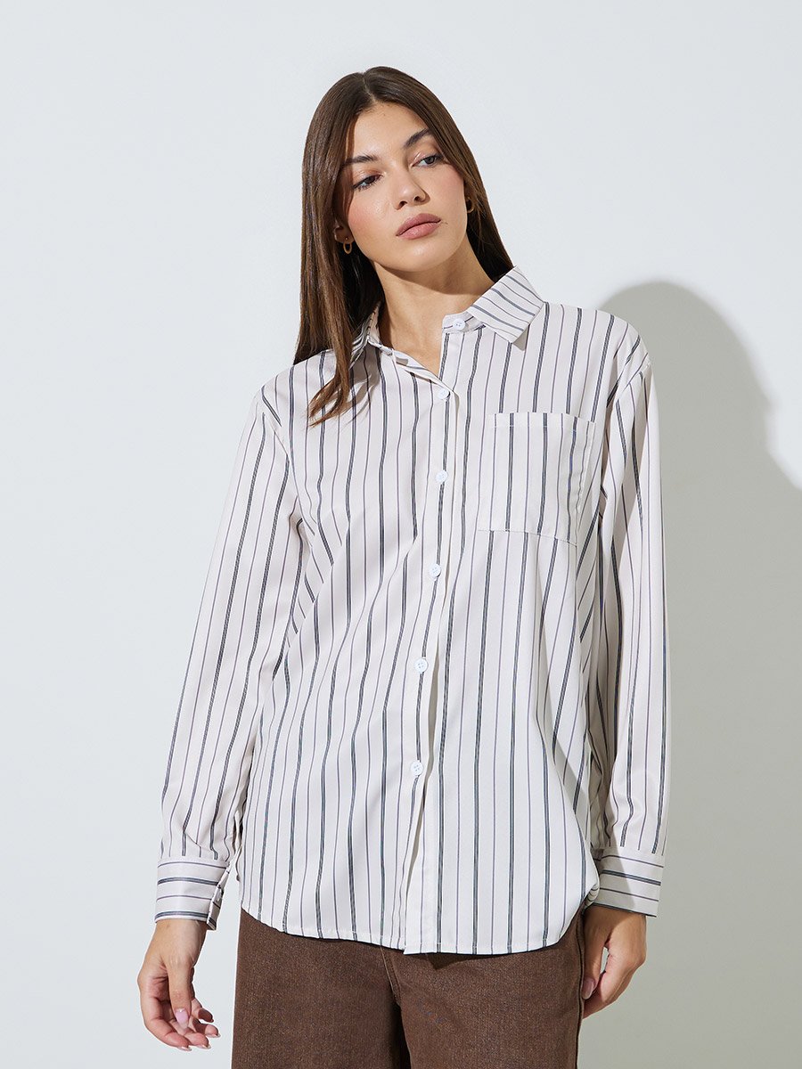 Off White Longline Striped Shirt