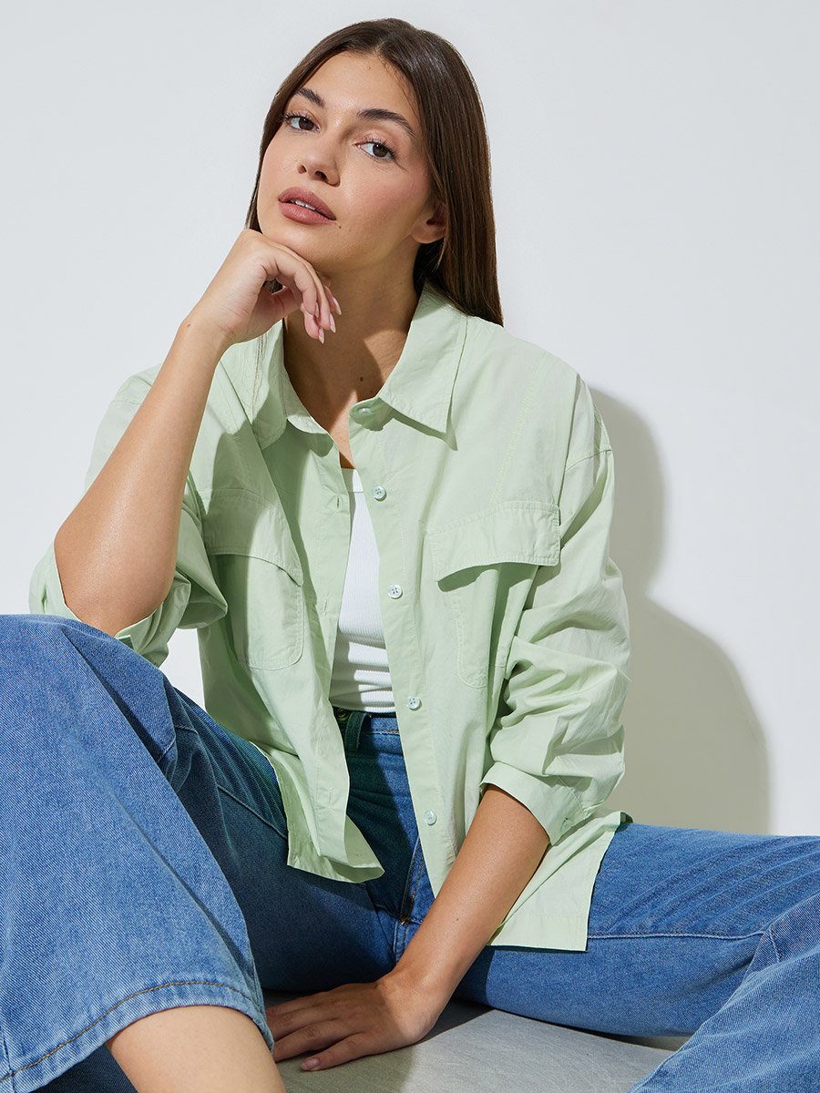 Green Solid Long Sleeves Oversized Shirt with Pockets