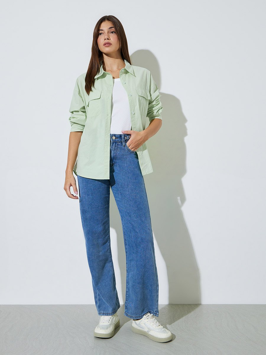 Green Solid Long Sleeves Oversized Shirt with Pockets