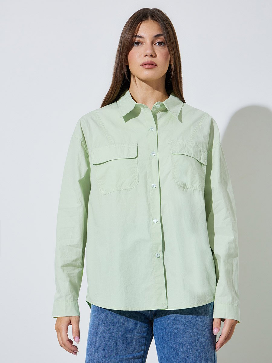 Green Solid Long Sleeves Oversized Shirt with Pockets