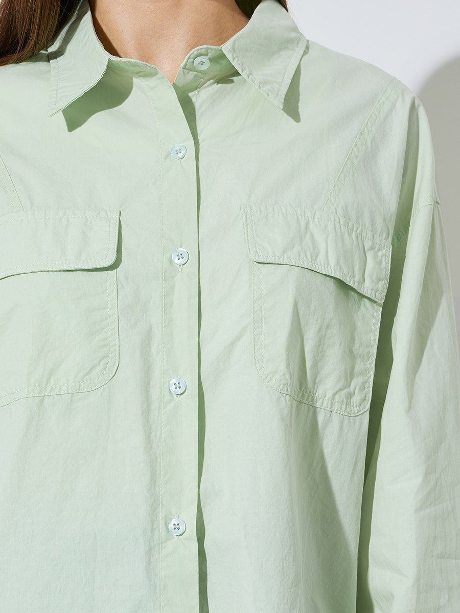 Green Solid Long Sleeves Oversized Shirt with Pockets