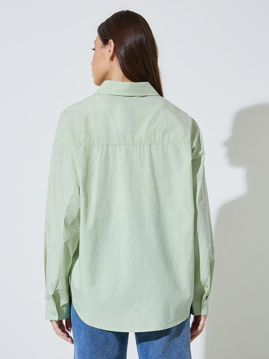 Green Solid Long Sleeves Oversized Shirt with Pockets