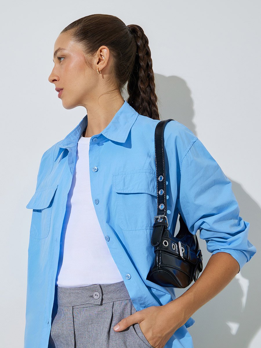Blue Solid Long Sleeves Shirt Oversized with Pockets