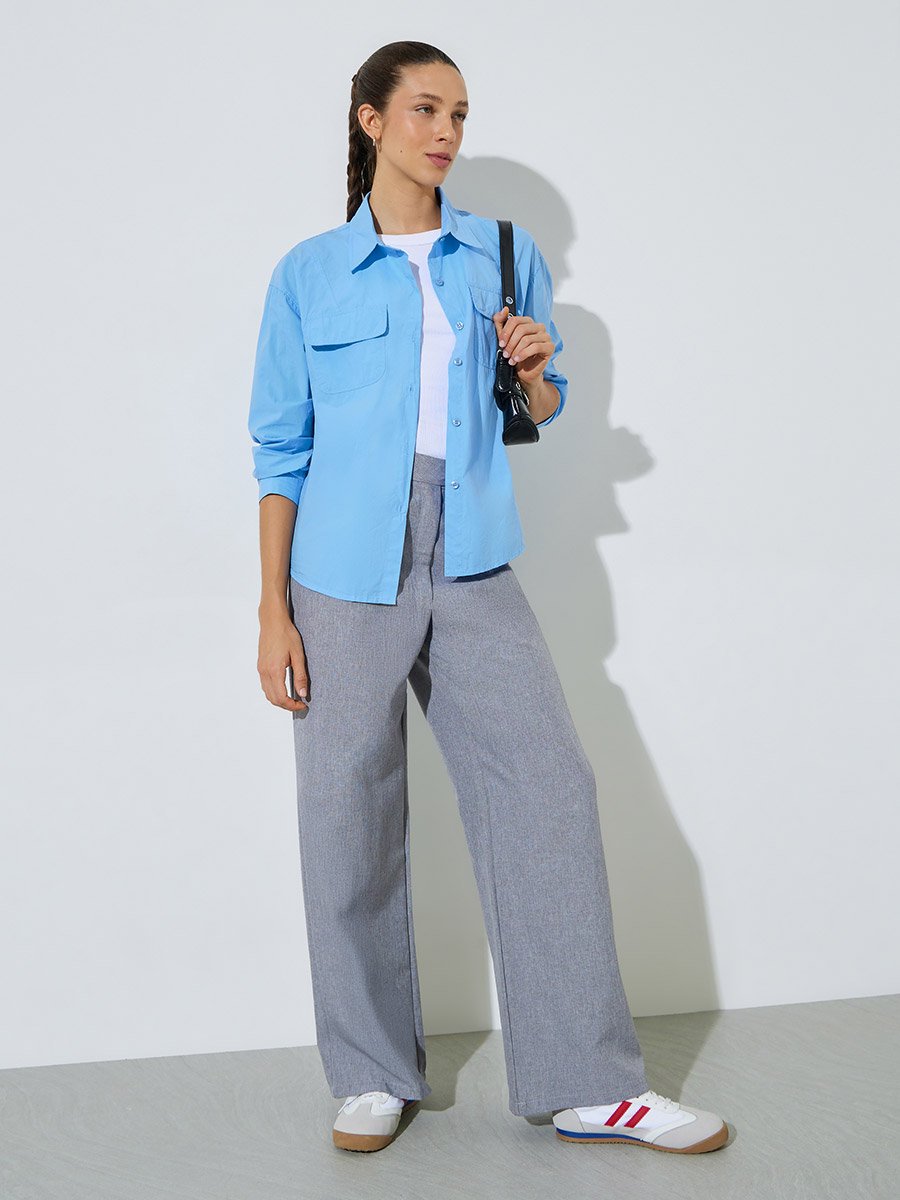 Blue Solid Long Sleeves Shirt Oversized with Pockets