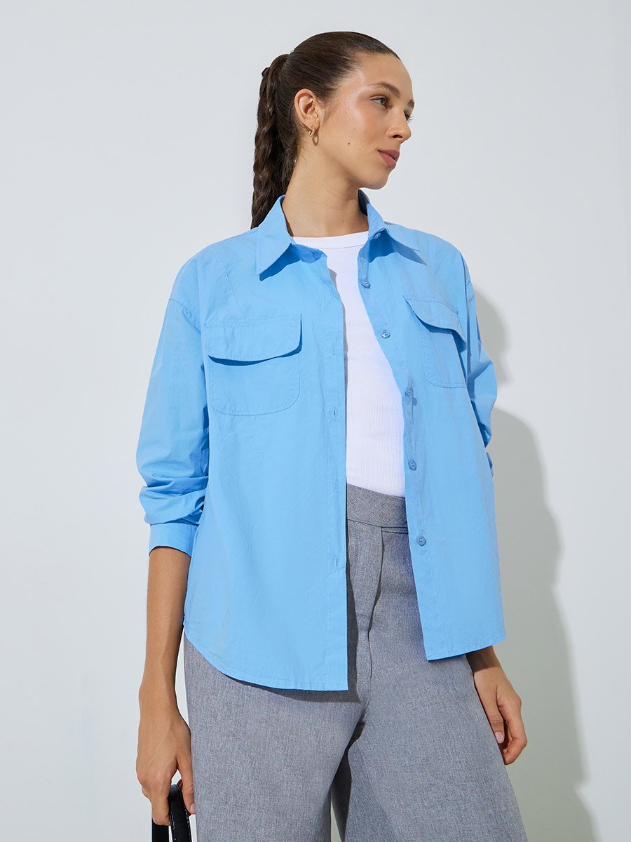 Blue Solid Long Sleeves Shirt Oversized with Pockets