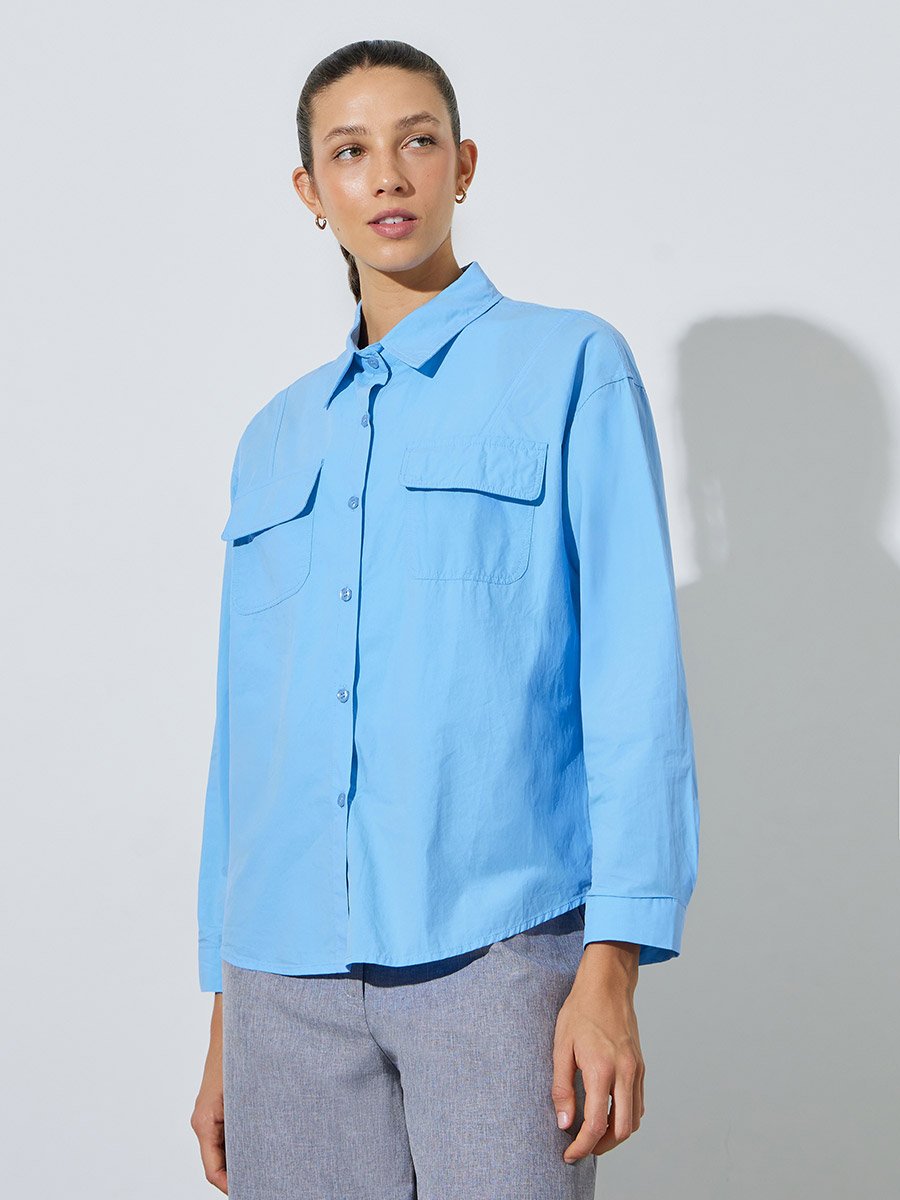 Blue Solid Long Sleeves Shirt Oversized with Pockets
